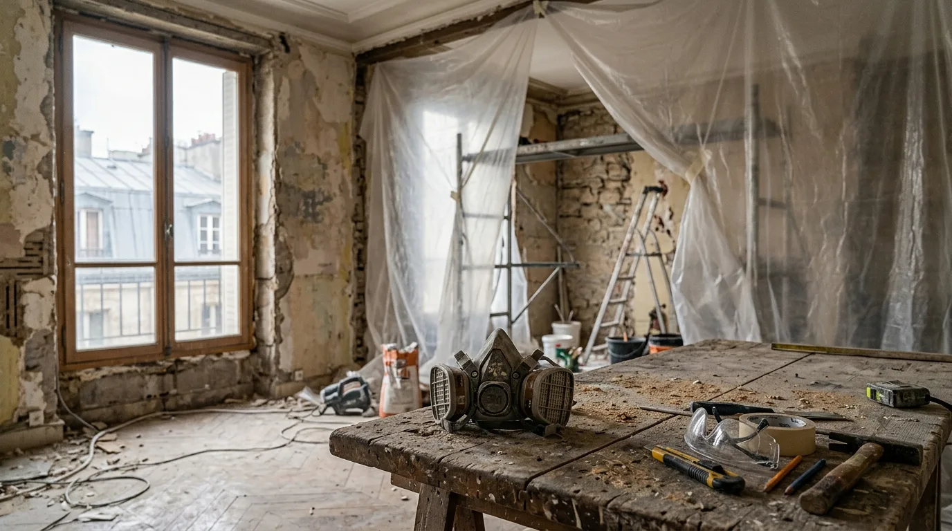 Pièce en cours de travaux avec bâche de protection et masque respiratoire