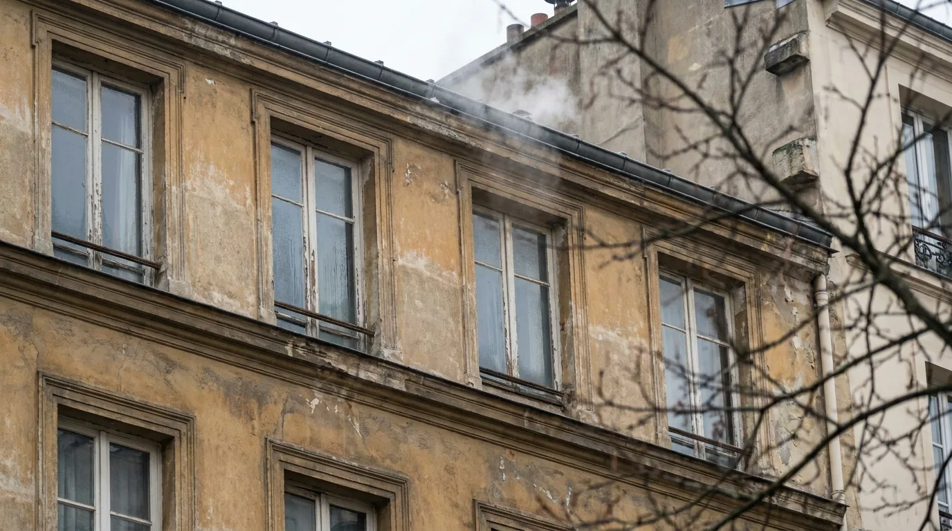 Façade d'un immeuble résidentiel français ancien aux fenêtres anciennes, par un matin froid, évoquant un logement mal isolé.