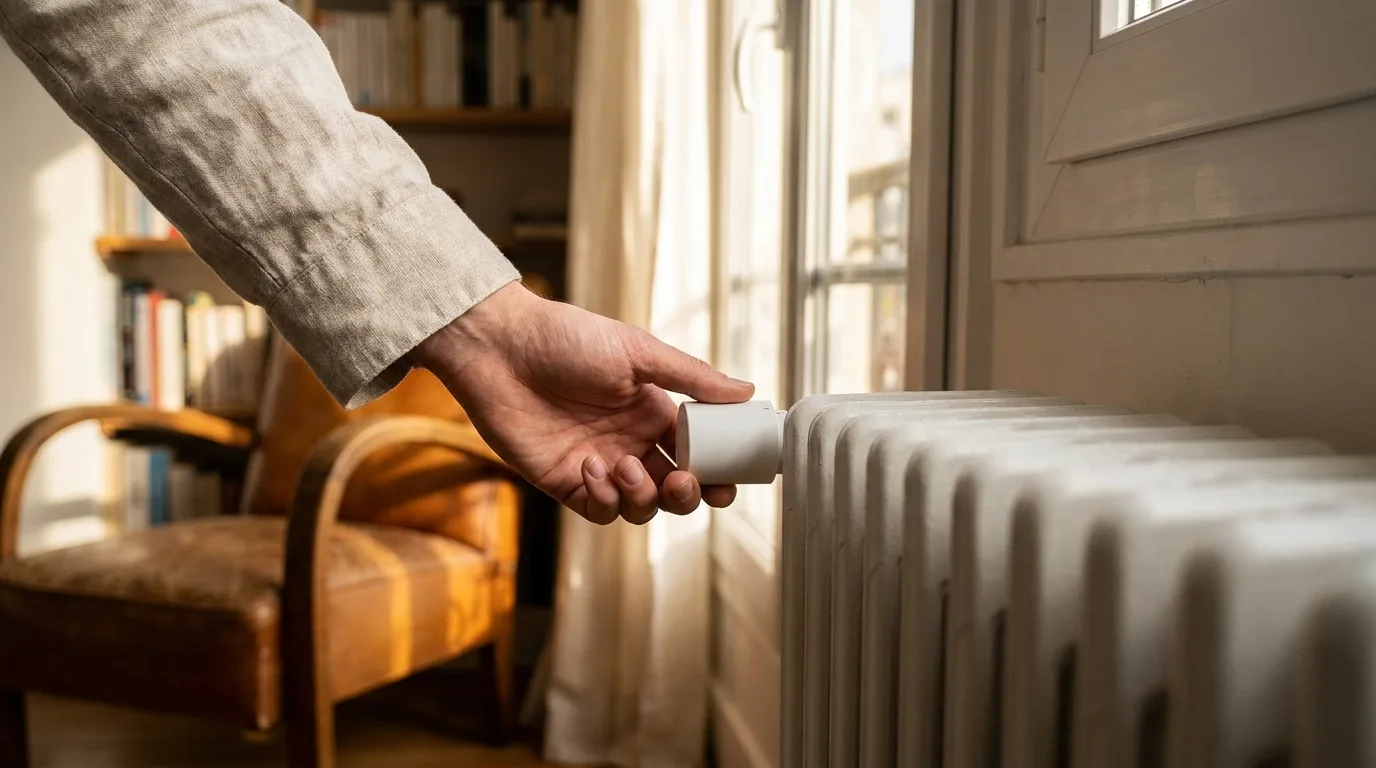 Gros plan sur une étiquette de performance énergétique colorée posée sur une table dans un logement lumineux, une main désignant la classe.