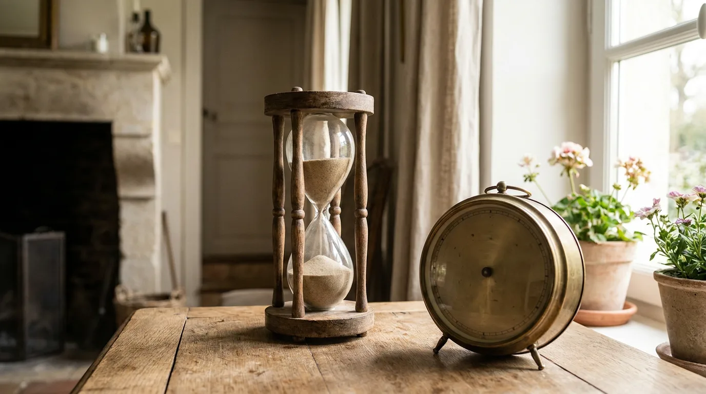 Sablier en bois et horloge posés sur une table dans un intérieur lumineux
