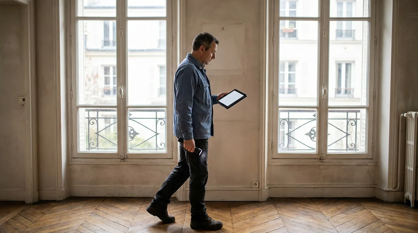 Diagnostiqueur parcourant un appartement avec une tablette à l'écran éteint