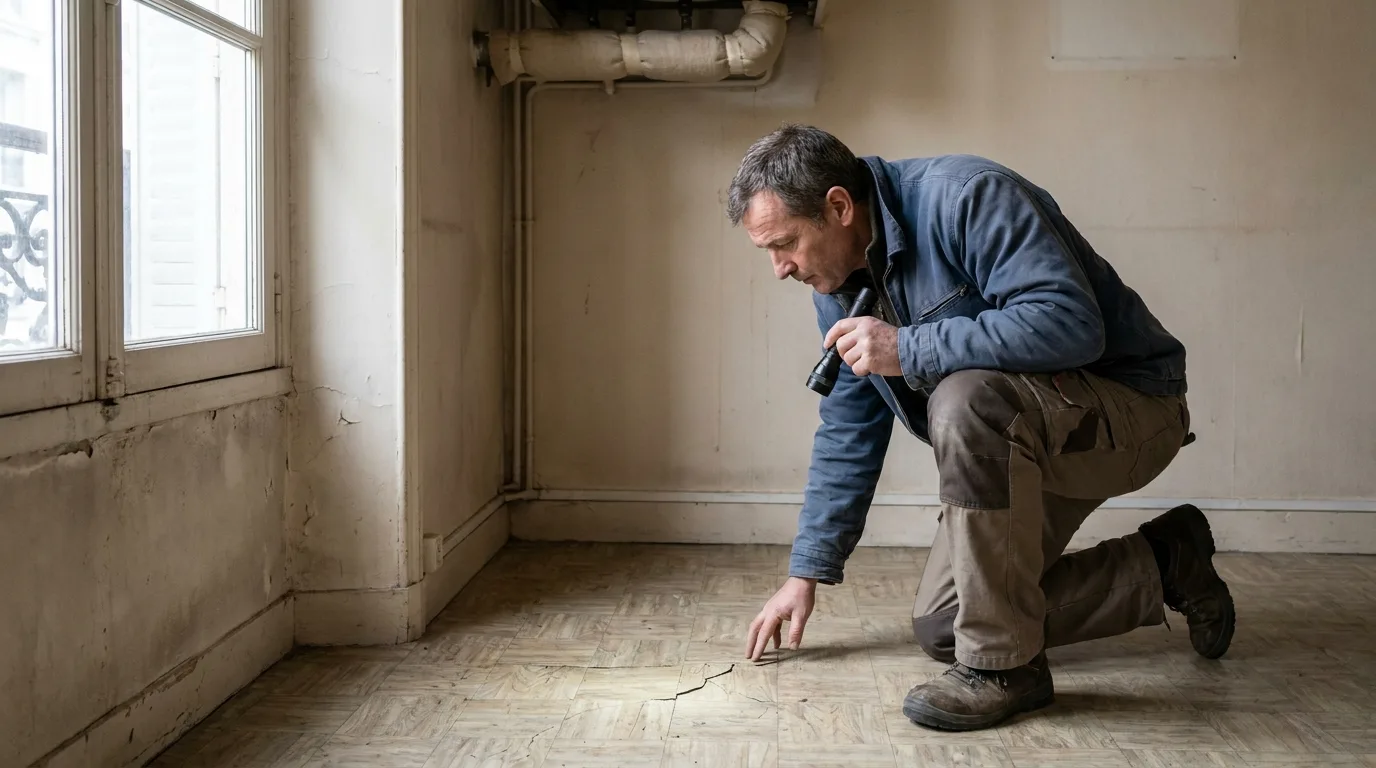 Diagnostiqueur examinant un ancien revêtement de sol et une isolation de tuyauterie dans un appartement ancien, à la lumière du jour.