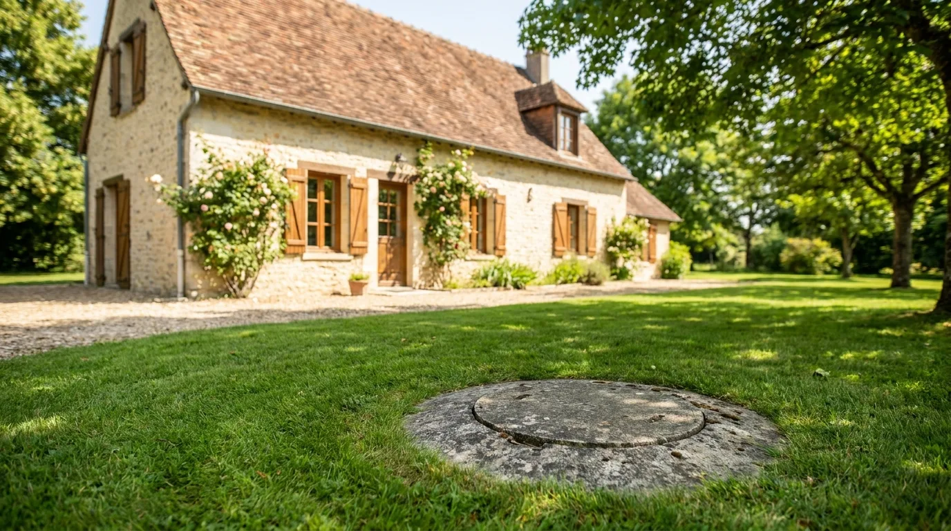Maison de campagne avec un regard d'assainissement dans la pelouse du jardin