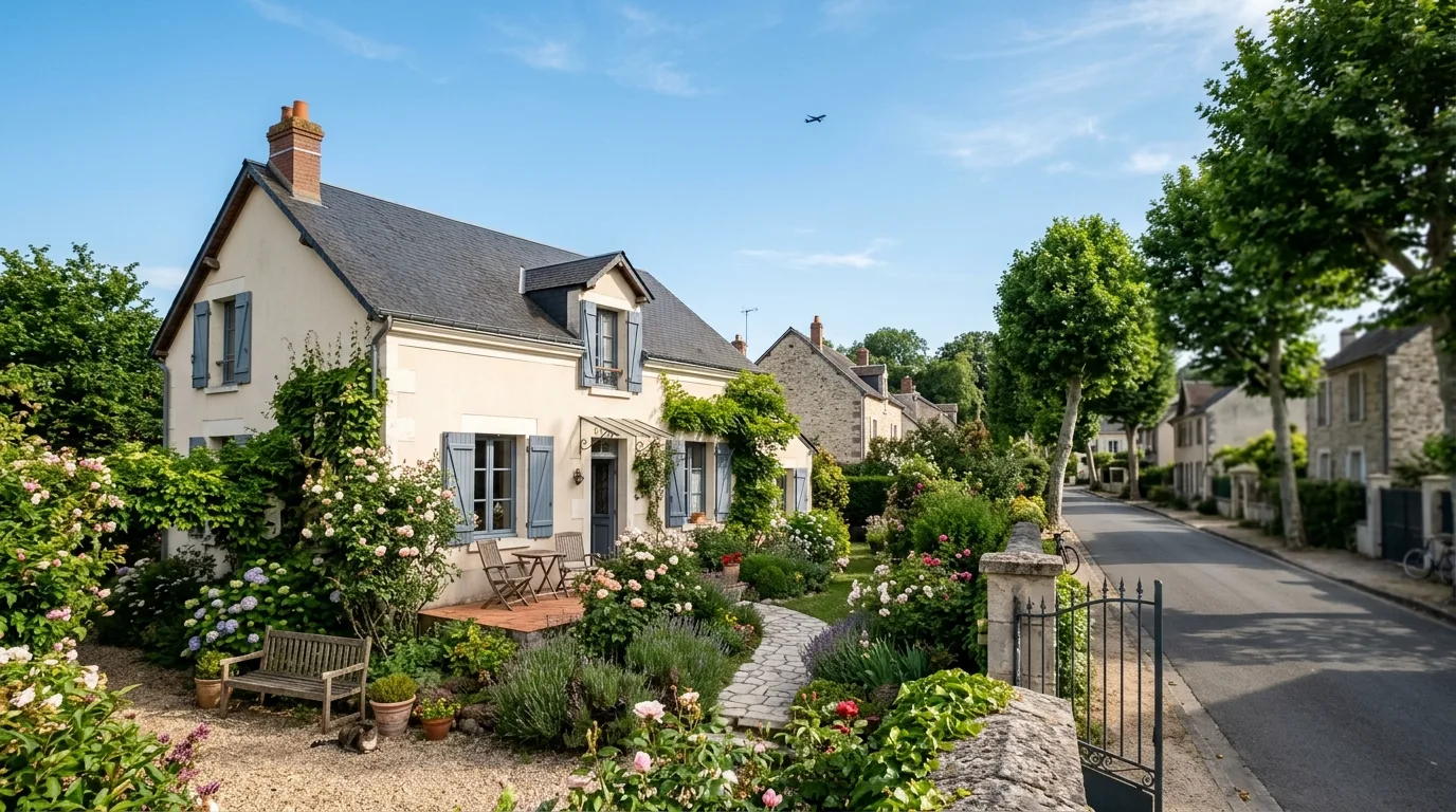 Maison résidentielle avec un avion lointain dans le ciel bleu