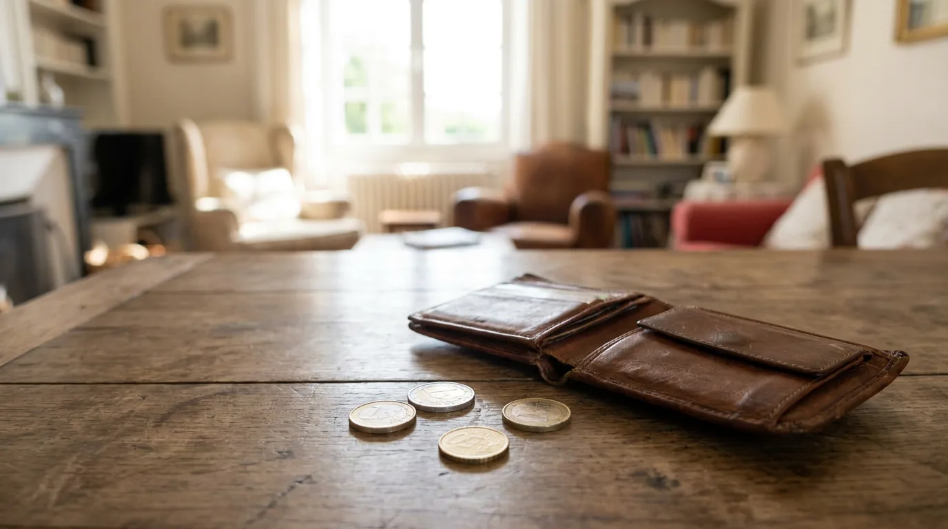Quelques pièces en euros et un portefeuille ouvert posés sur une table en bois