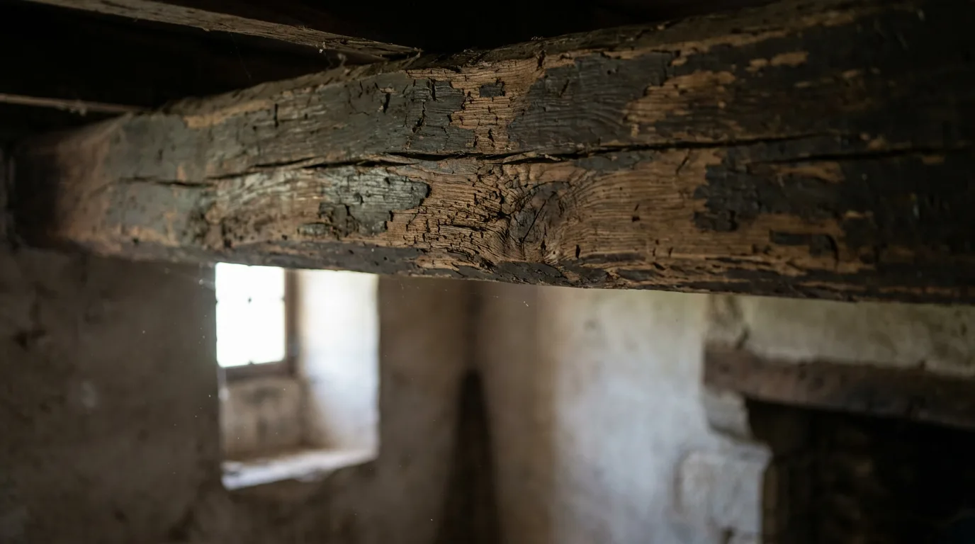 Gros plan sur une vieille poutre en bois dans une maison ancienne