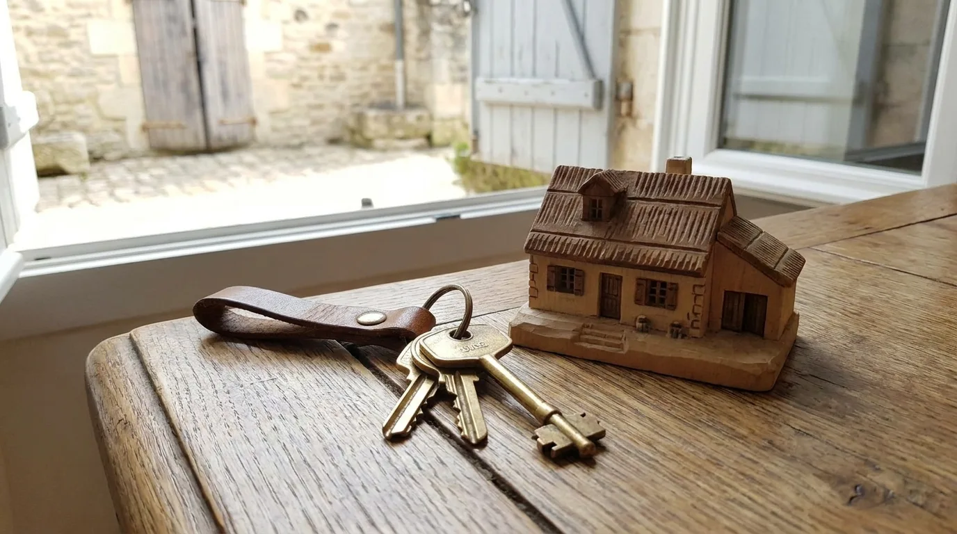 Dossier de diagnostics immobiliers ouvert sur une table en bois dans un appartement lumineux, avec un stylo posé dessus