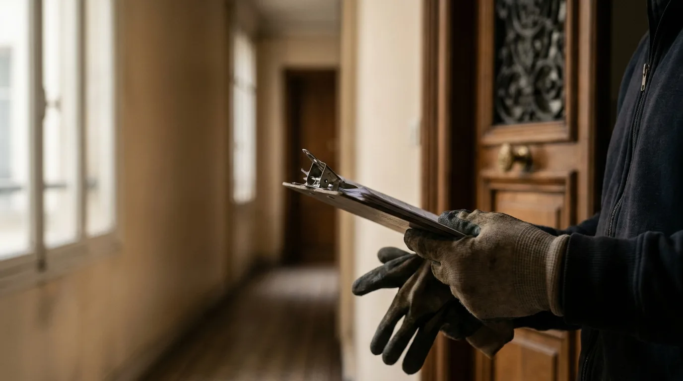 Un diagnostiqueur referme rapidement son carnet près d'une porte d'entrée, évoquant une visite expédiée