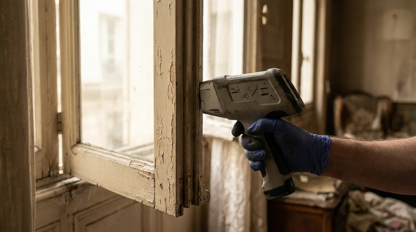Diagnostiqueur mesurant le plomb sur une ancienne peinture écaillée d'un châssis de fenêtre dans un logement ancien