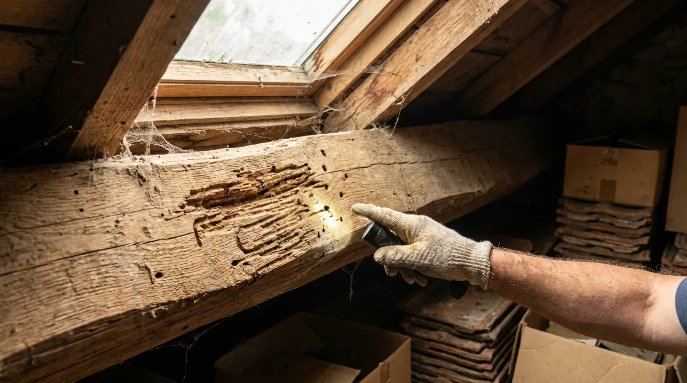 Gros plan sur des poutres en bois dans les combles d'une maison ancienne française, la main gantée d'un diagnostiqueur examinant le grain du bois.
