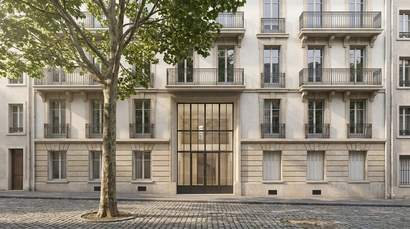 Façade d'un immeuble français en copropriété avec balcons et hall vitré
