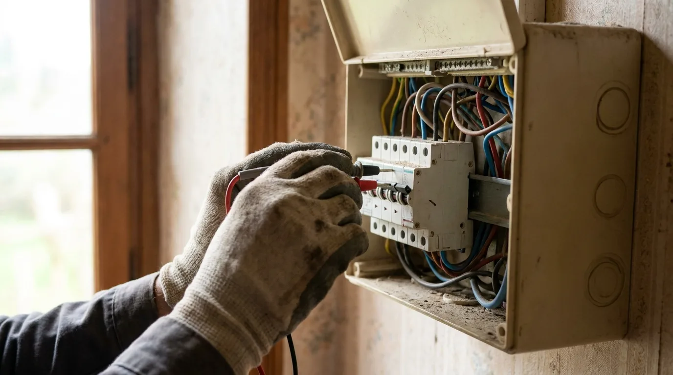 Gros plan sur les mains d'un diagnostiqueur contrôlant le tableau électrique et les disjoncteurs d'un logement
