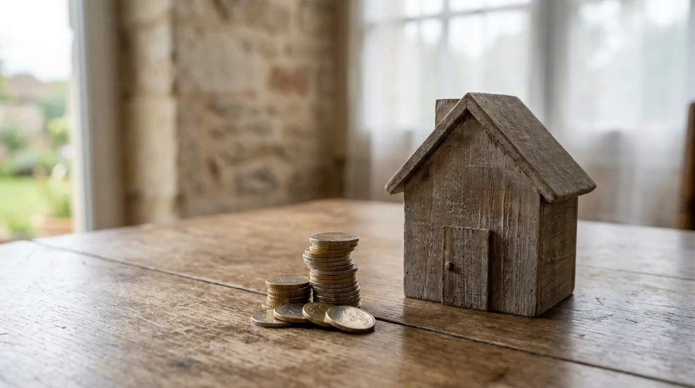 Pièces en euros empilées à côté d'une petite maison en bois miniature