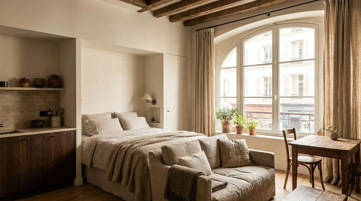 Intérieur d'un studio meublé français lumineux prêt à louer