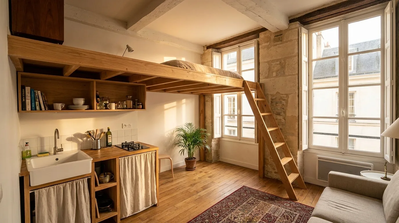 Studio compact et élégant avec mezzanine et kitchenette