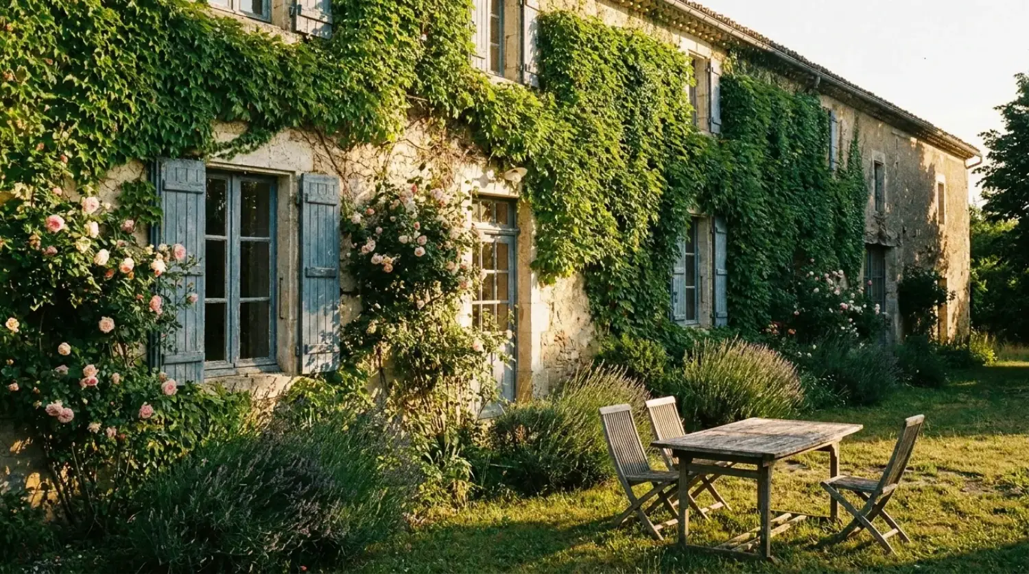 Maison familiale ancienne en pierre avec jardin, lumière de fin d'après-midi
