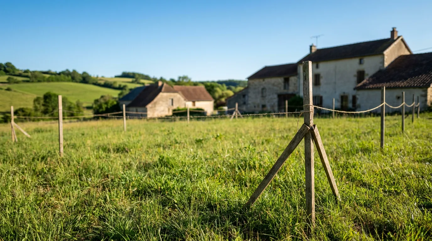 Terrain constructible herbeux avec des piquets de bornage sous un ciel bleu