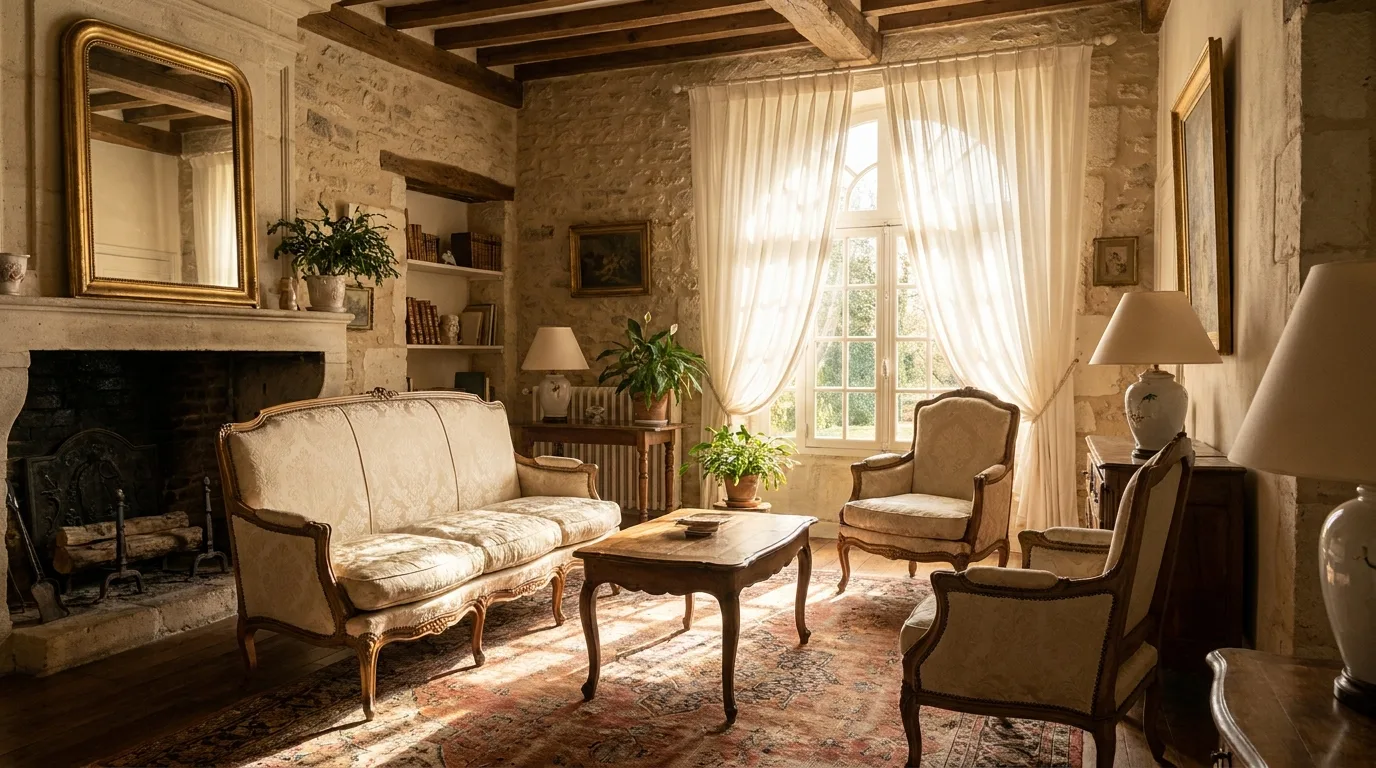 Salon traditionnel français lumineux avec mobilier classique
