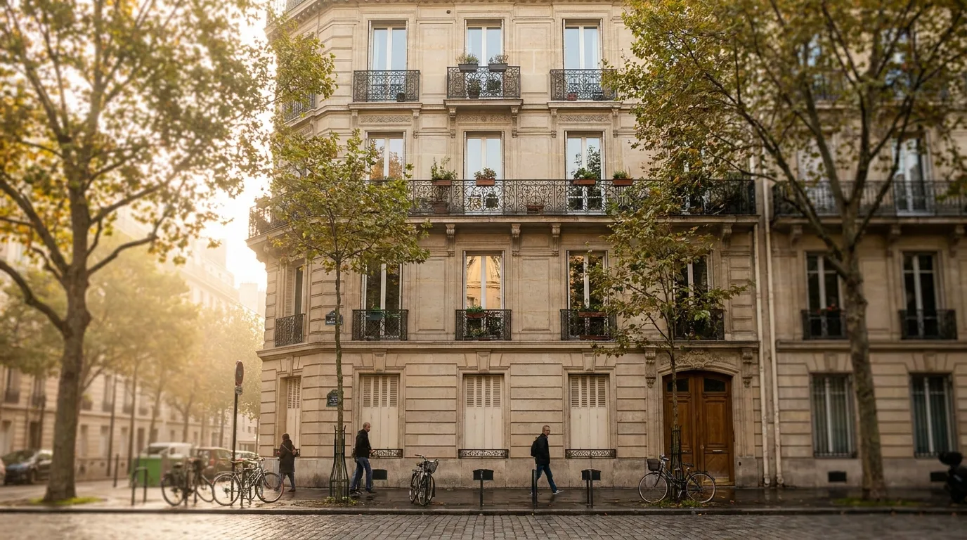 Façade d'un immeuble résidentiel français en copropriété avec balcons et fenêtres, sous une lumière naturelle douce le matin.
