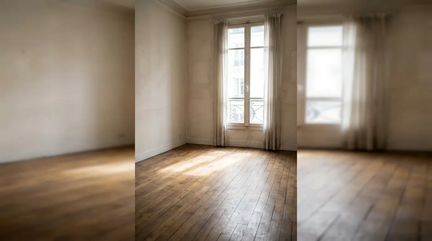 Séjour vide aux murs blancs avec une grande fenêtre lumineuse