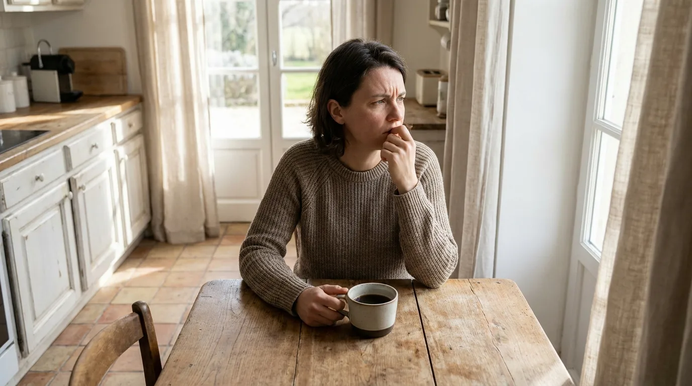 Un particulier vérifie attentivement un rapport de diagnostic immobilier sur sa table de cuisine, lumière naturelle