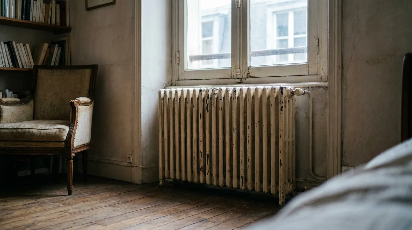 Vieux radiateur en fonte sous une fenêtre dans un appartement modeste