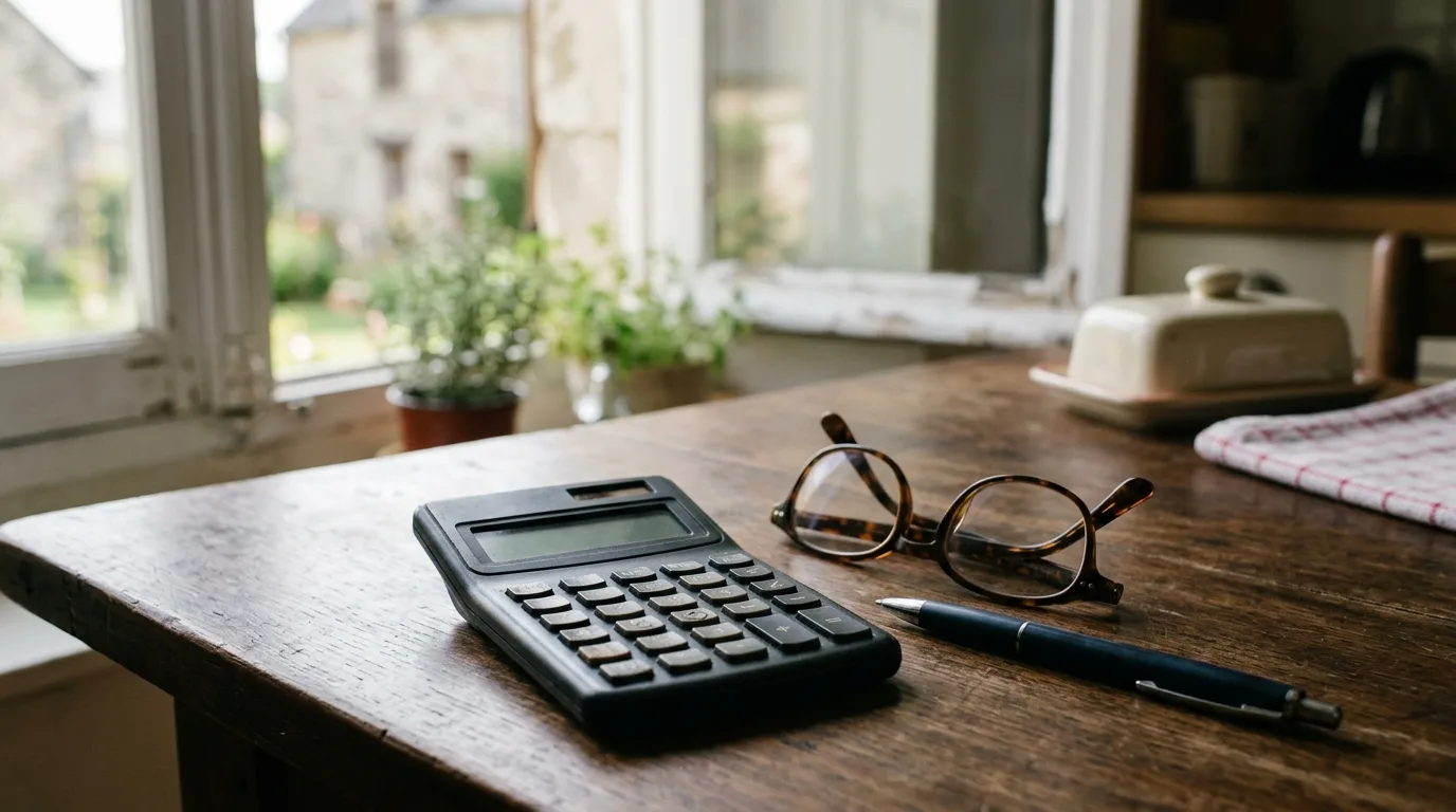 Calculatrice, lunettes et stylo posés sur une table de cuisine