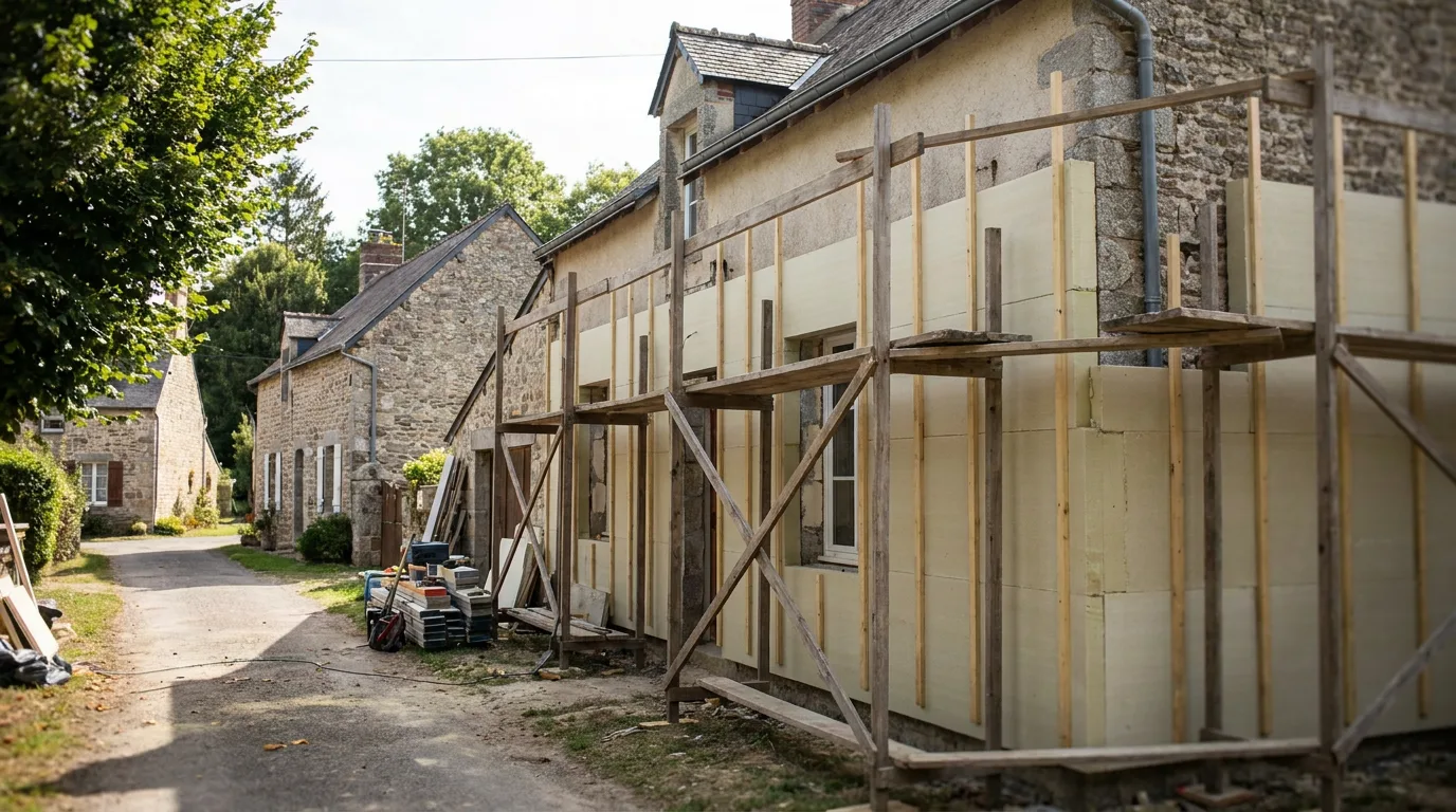 Façade d'une maison en cours de rénovation énergétique avec échafaudage et isolant