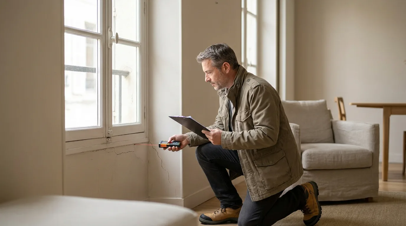 Diagnostiqueur immobilier inspectant un logement lumineux avec un appareil de mesure et un porte-documents
