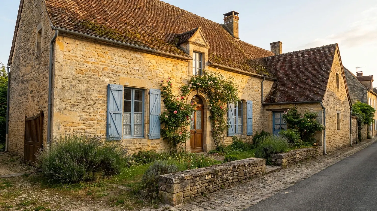 Façade en pierre d'une maison ancienne française par une fin d'après-midi ensoleillée