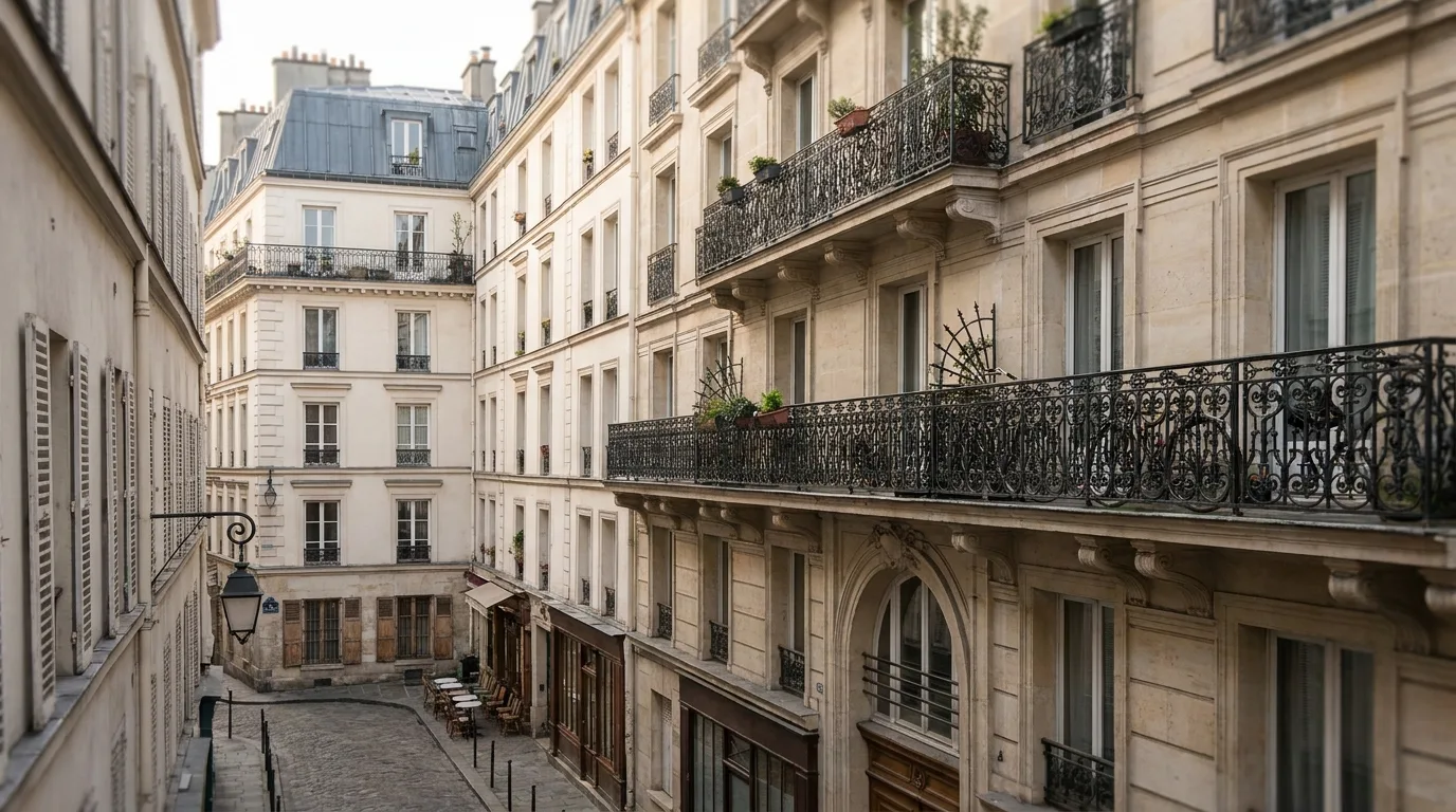 Façade d'immeuble haussmannien parisien avec balcons en fer forgé et toits en zinc sous une lumière naturelle.