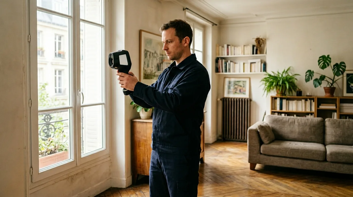 Technicien relevant des mesures avec un appareil à écran éteint dans un logement