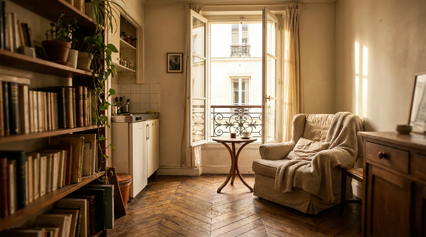 Intérieur lumineux d'un petit studio au parquet ancien