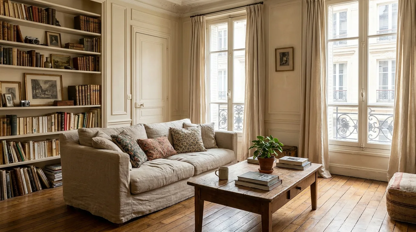 Salon habité d'un appartement français avec mobilier du quotidien