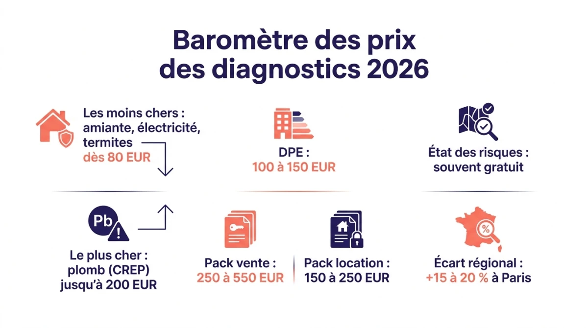 Infographie du baromètre 2026 : prix par diagnostic, DPE, plomb le plus cher, état des risques gratuit, prix des packs et écart régional