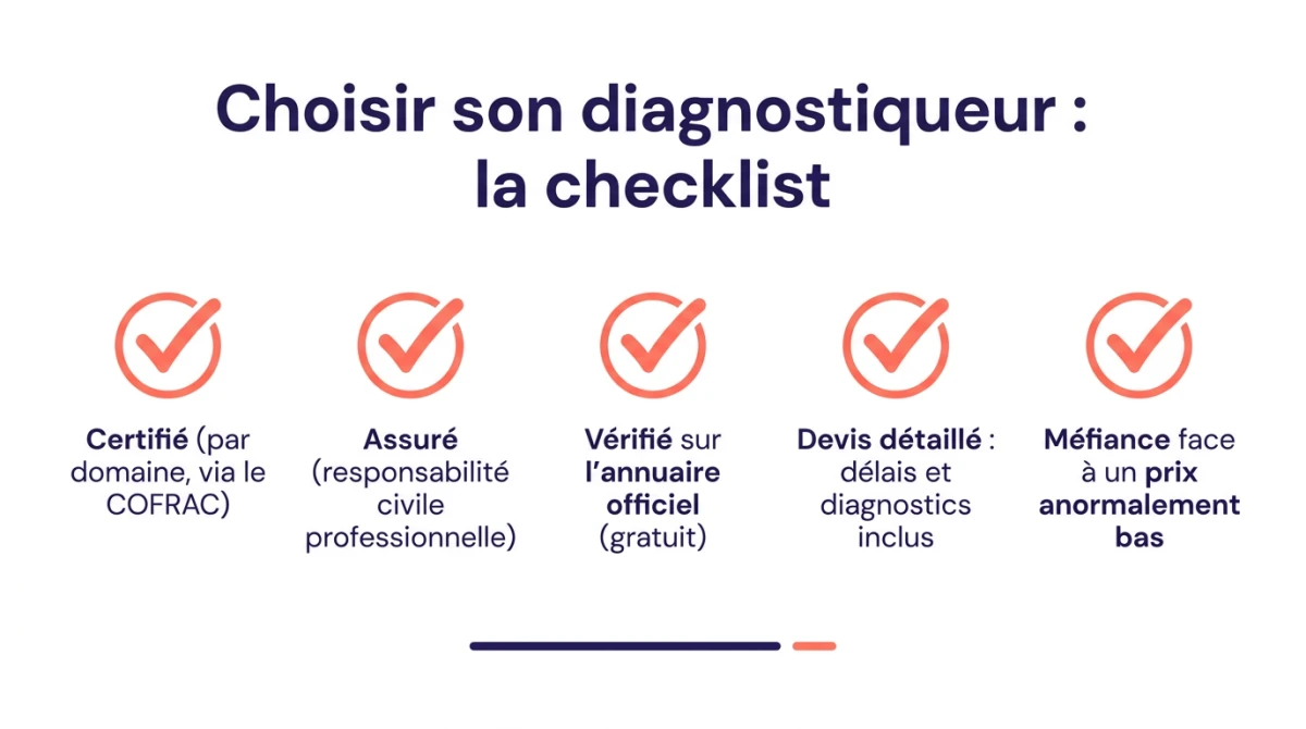 Infographie checklist pour choisir son diagnostiqueur : certifié via le COFRAC, assuré, vérifié sur l'annuaire officiel, devis détaillé, méfiance face à un prix trop bas