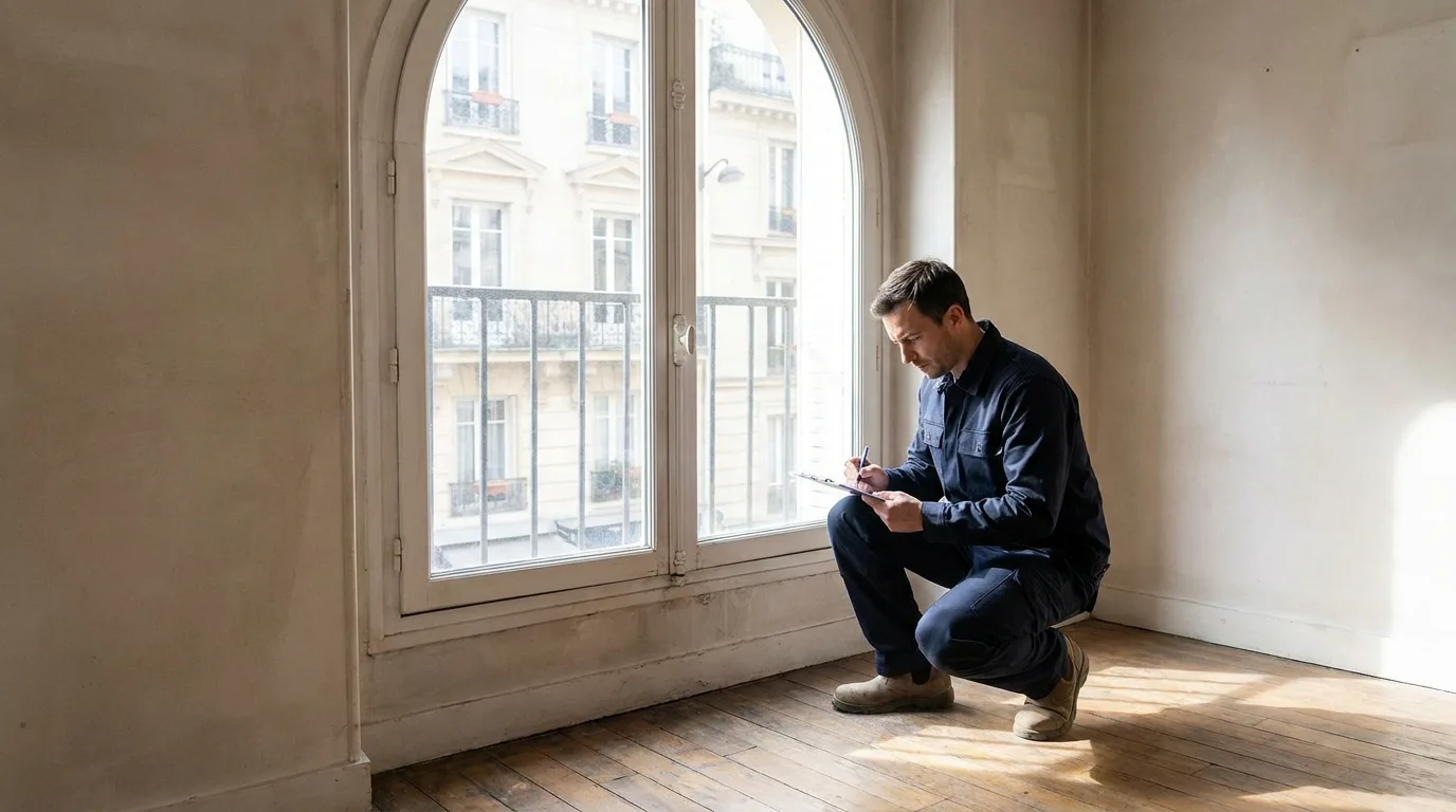 Diagnostiqueur en tenue de travail prenant des notes près d'une fenêtre
