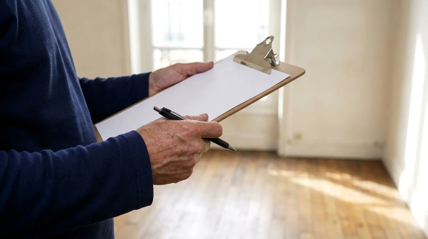 Diagnostiqueur immobilier en tenue de travail avec une tablette dans un logement