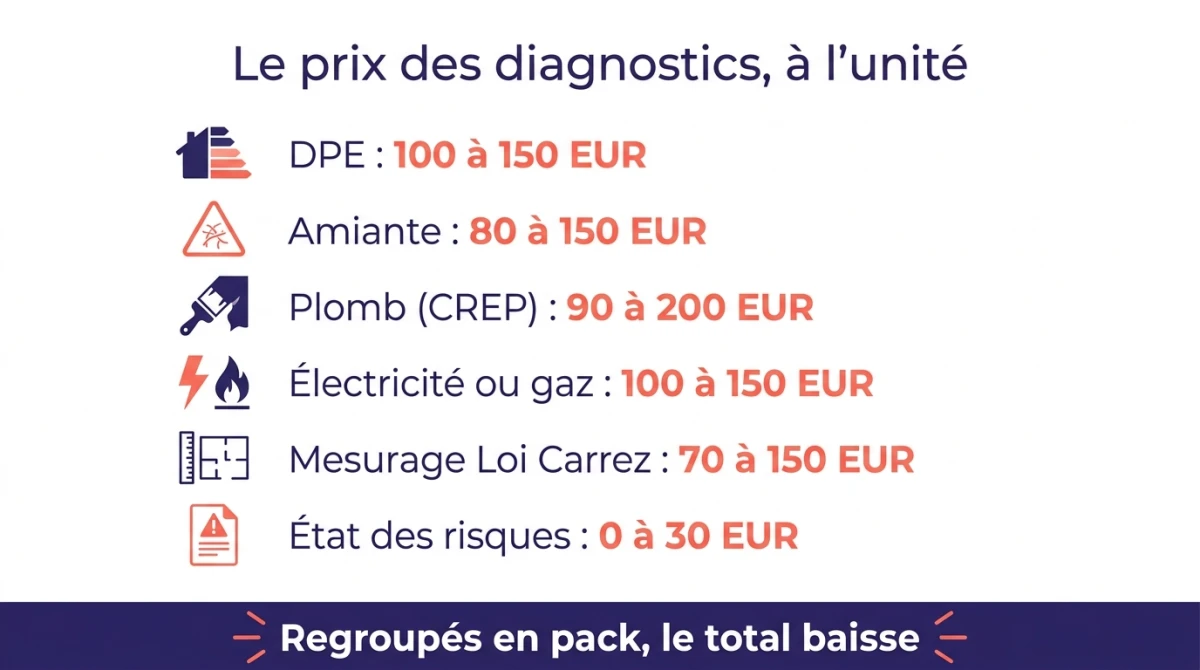 Infographie des prix indicatifs de chaque diagnostic immobilier à l'unité