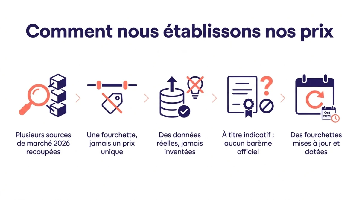 Infographie de notre méthode de prix : sources de marché recoupées, une fourchette plutôt qu'un prix unique, données réelles, à titre indicatif, mises à jour datées