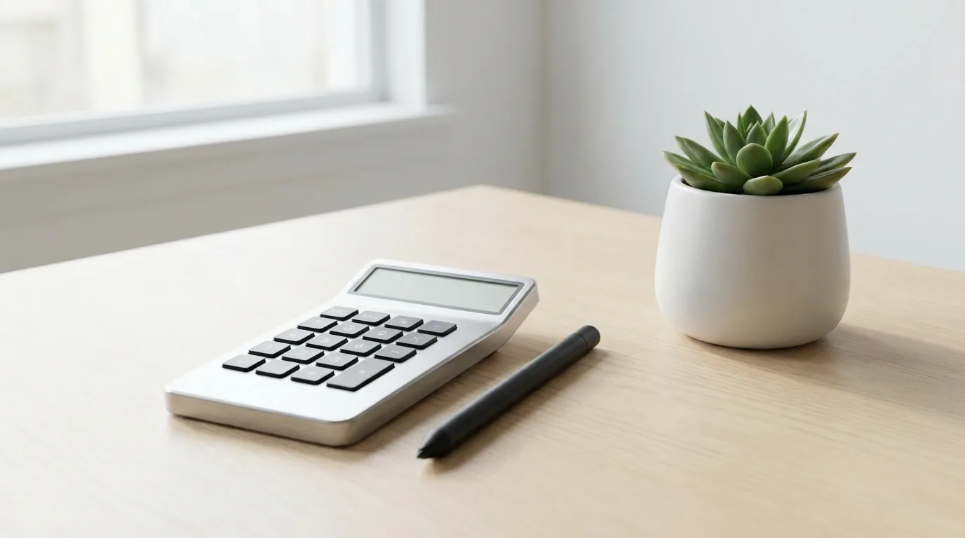 Calculatrice et stylo posés sur un bureau clair à côté d'une plante