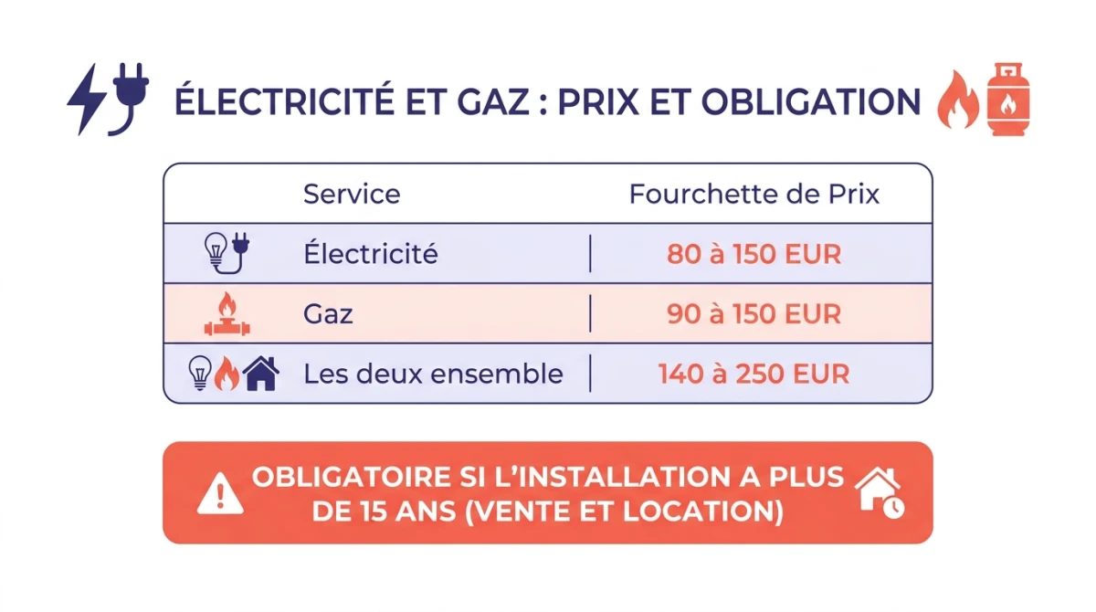 Infographie électricité et gaz : prix du diagnostic électricité, du gaz, des deux ensemble, et obligation au-delà de 15 ans