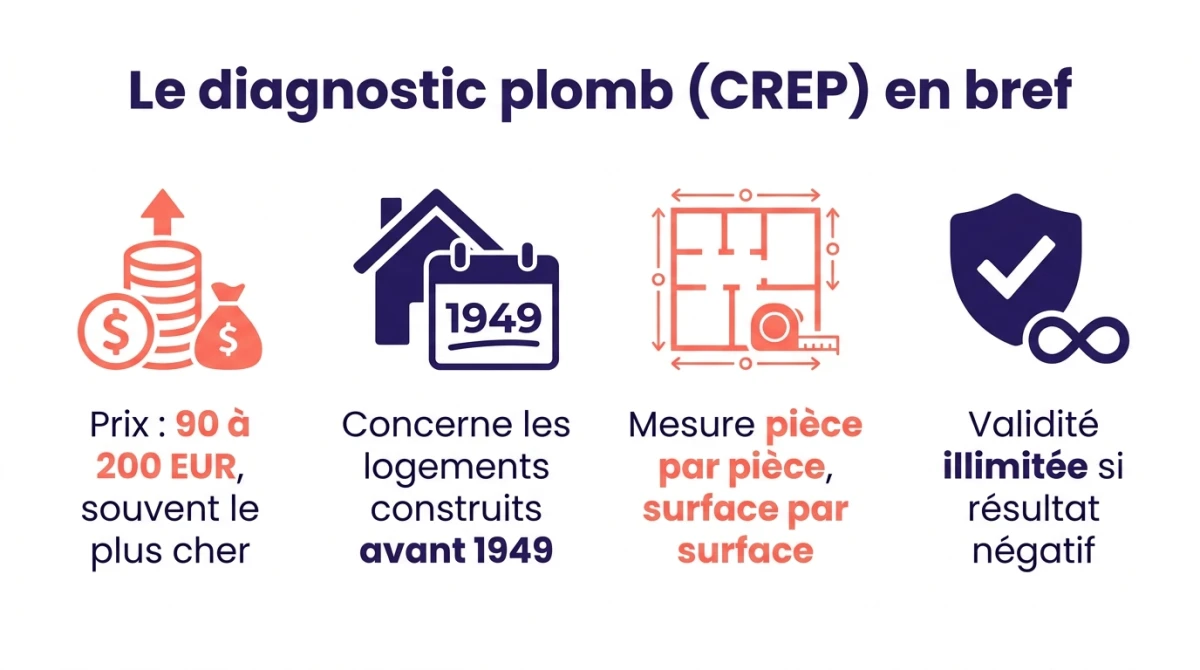 Infographie du diagnostic plomb CREP en bref : prix souvent le plus élevé, logements avant 1949, mesure pièce par pièce, validité illimitée si résultat négatif