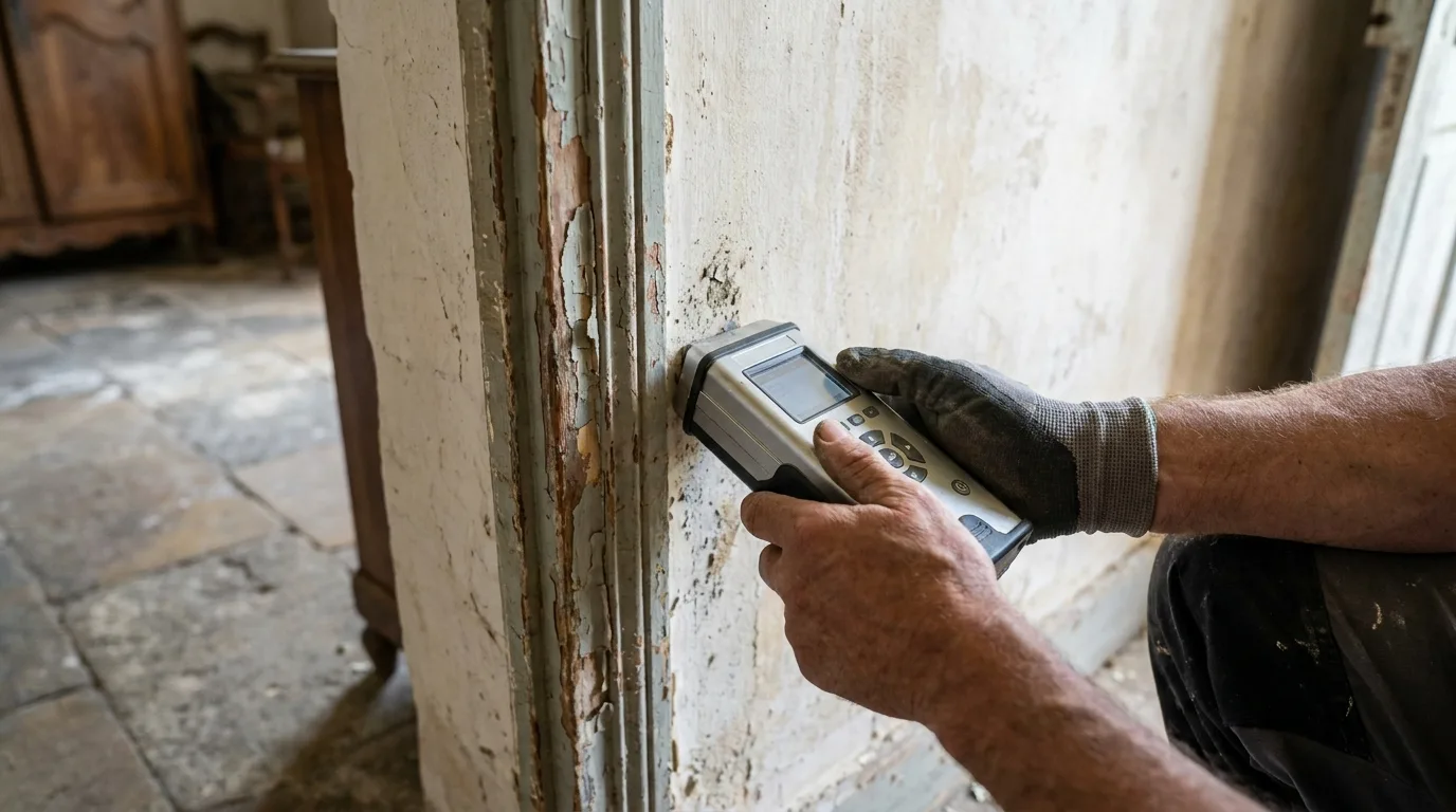 Technicien analysant une ancienne peinture sur un encadrement de porte