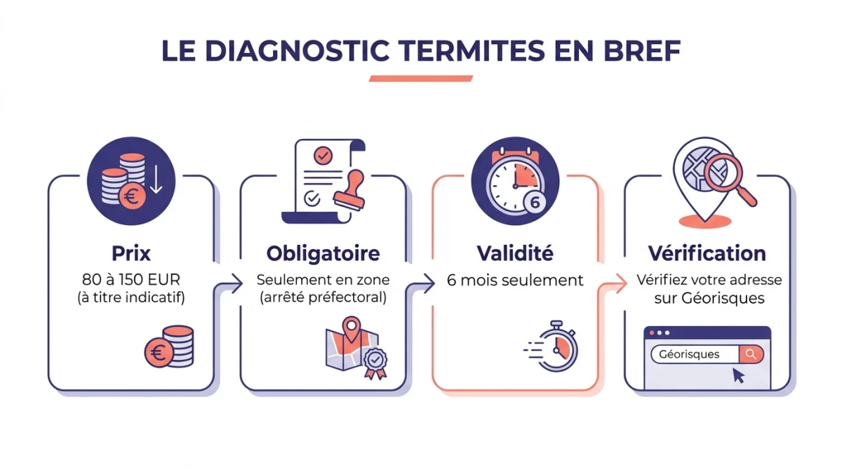 Infographie du diagnostic termites en bref : prix indicatif, obligation en zone par arrêté préfectoral, validité 6 mois, vérification d'adresse sur Géorisques