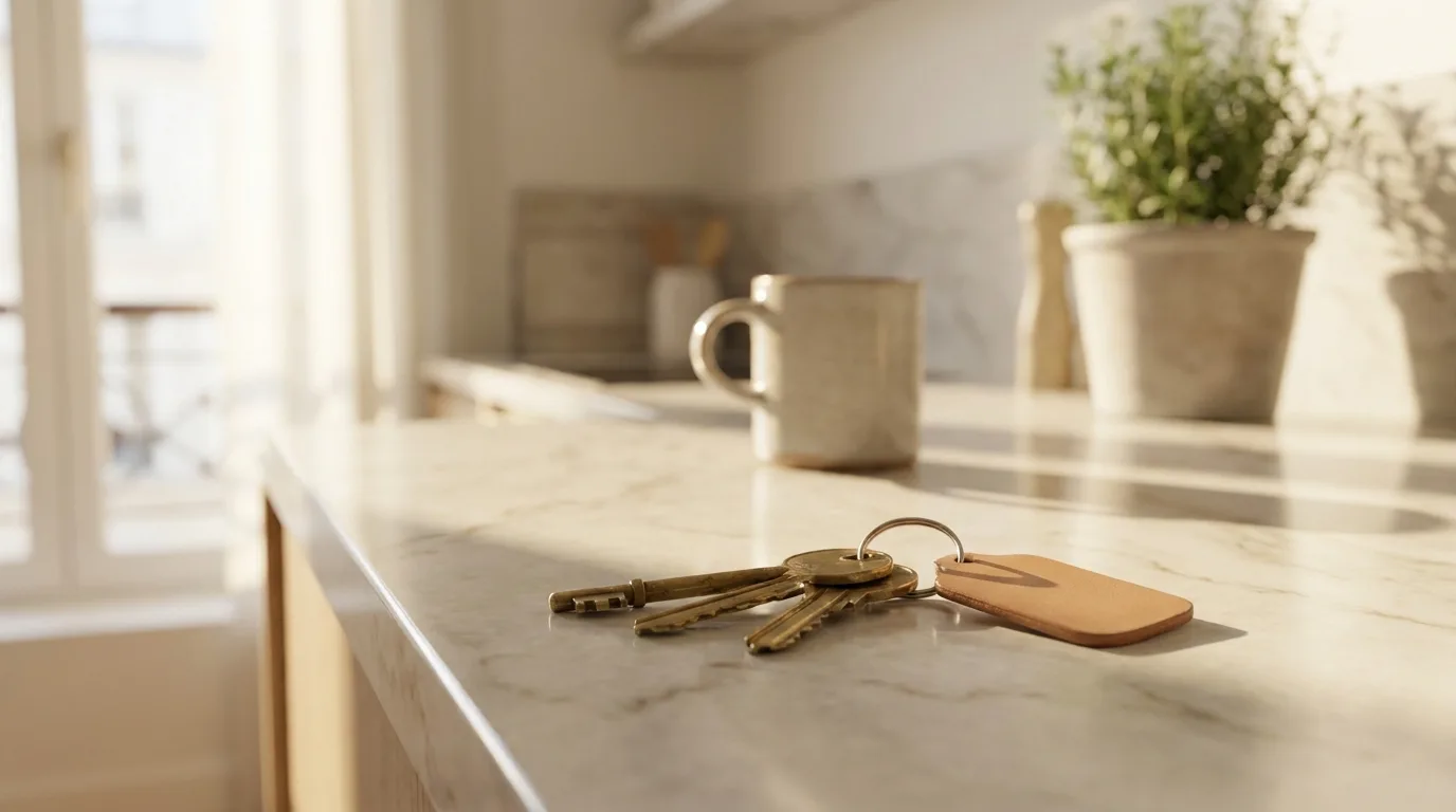 Trousseau de clés posé sur le plan de travail d'un appartement à louer