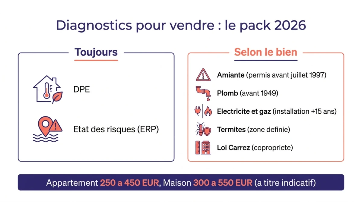 Infographie du pack de diagnostics pour vendre en 2026 : diagnostics toujours requis, ajouts selon le bien, et budget par type de logement