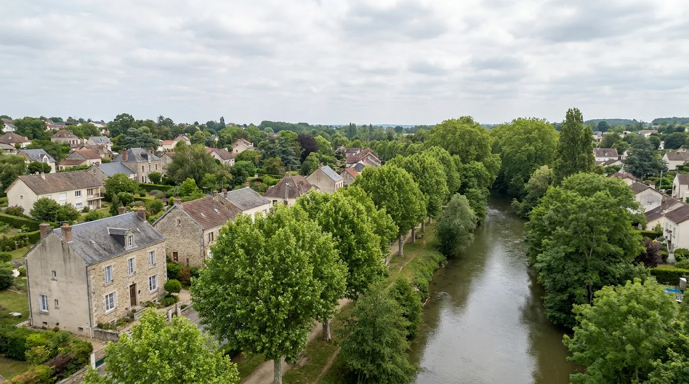 Quartier résidentiel français près d'une rivière bordée d'arbres