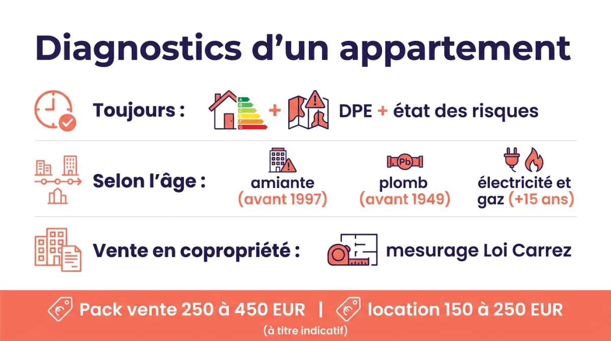 Infographie des diagnostics d'un appartement : DPE et état des risques toujours, amiante plomb électricité gaz selon l'âge, Loi Carrez en copropriété, budgets vente et location