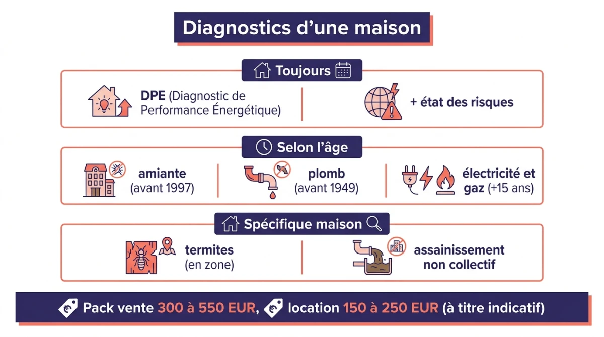 Infographie des diagnostics d'une maison : DPE et état des risques toujours, amiante plomb électricité gaz selon l'âge, termites et assainissement spécifiques, budgets vente et location